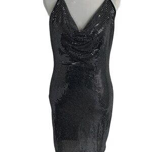 SHEIN Black Rhinestone Halter Mini Dress | Y2K Clubwear Sparkle Bodycon | Size L